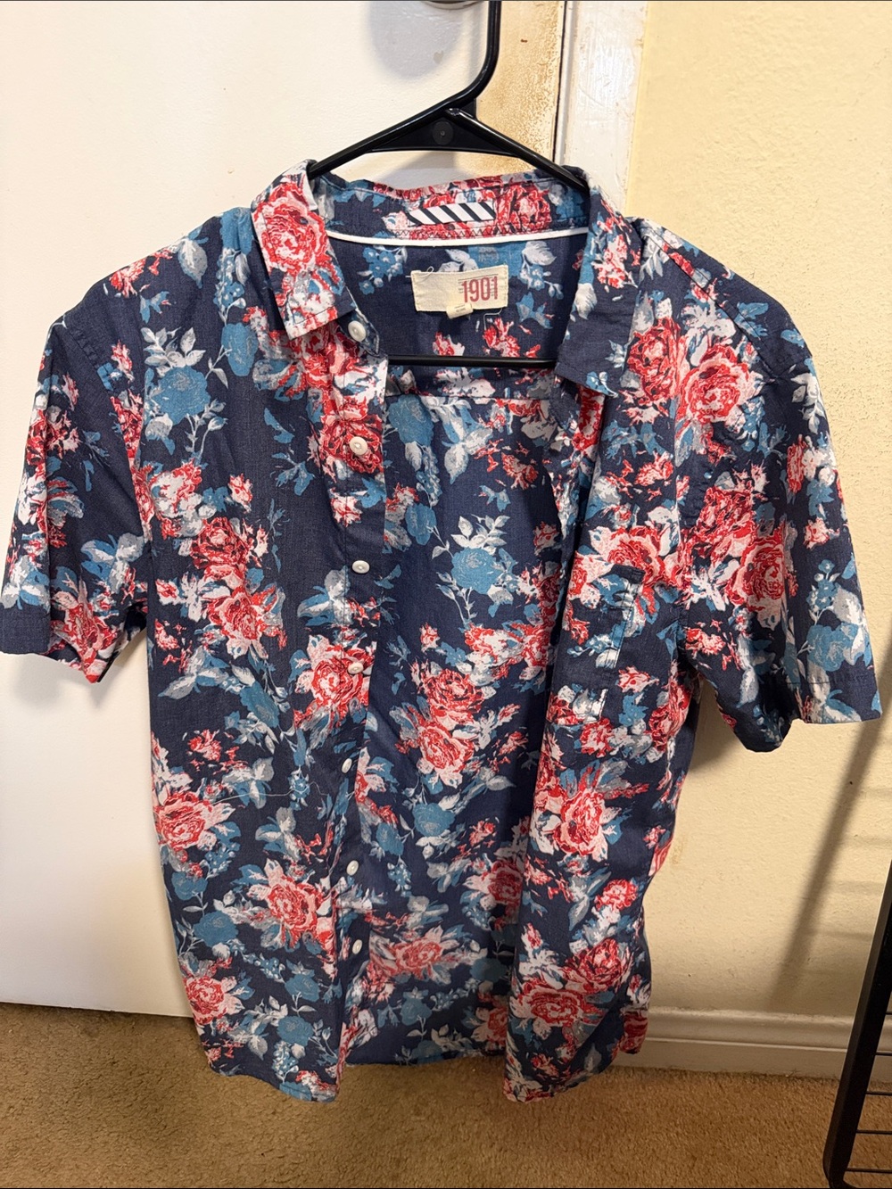 1901 Navy Button-Down Shirt with Red & Light Blue Floral Print